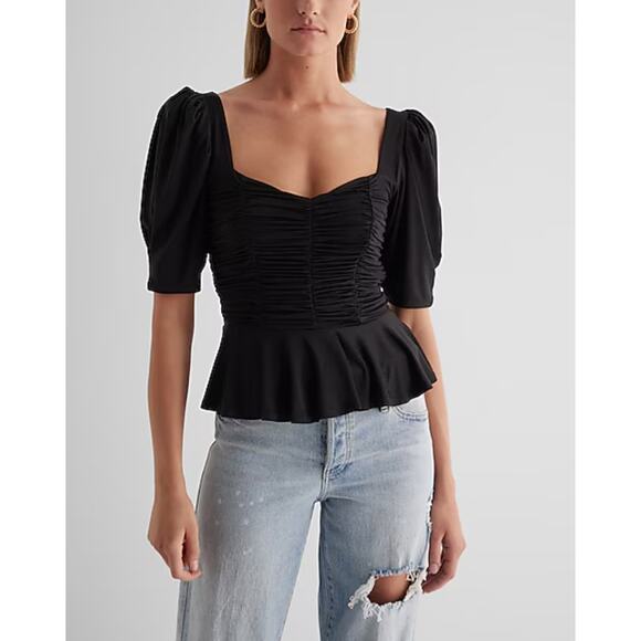 Express Blouse Peplum Blouse Puff Sleeve Blouse Ruched Blouse XL Black NEW - Picture 7 of 11